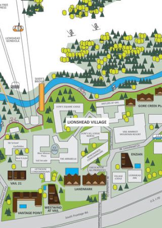 This is a detailed map of a village, featuring labeled buildings, roads, and a river, surrounded by forested areas with trees and ski lifts.