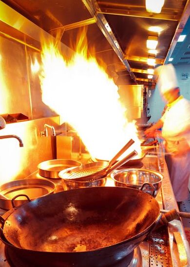 Two chefs are working in a commercial kitchen, with flames rising from a pan on the stove, creating a dramatic cooking scene.