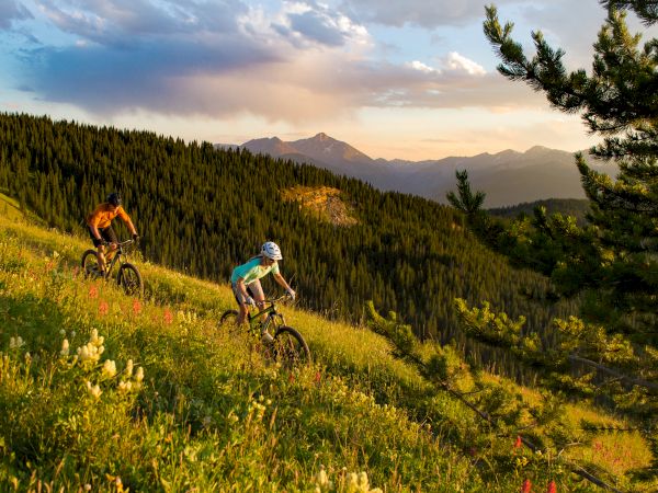 Two cyclists are riding mountain bikes on a grassy slope with scenic mountainous terrain in the background, under a partially cloudy sky.